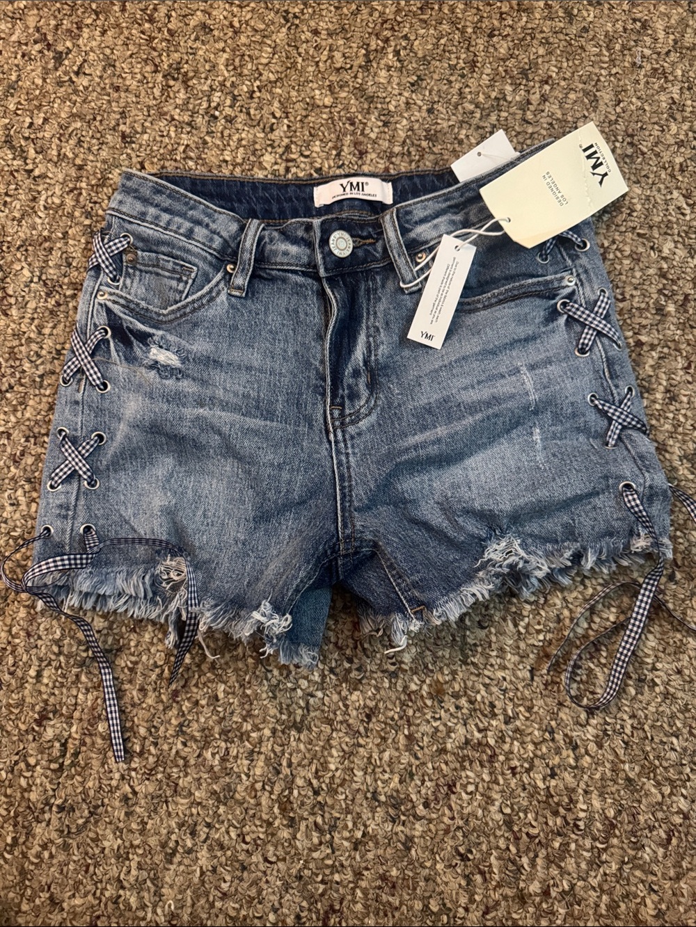 YMI Distressed Blue Denim Lace-Up Frayed Hem Shorts